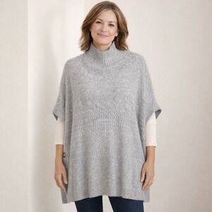 Talbots Gray Cable Knit Poncho Sweater Mock‎ Neck Side Button | Size Small Cozy